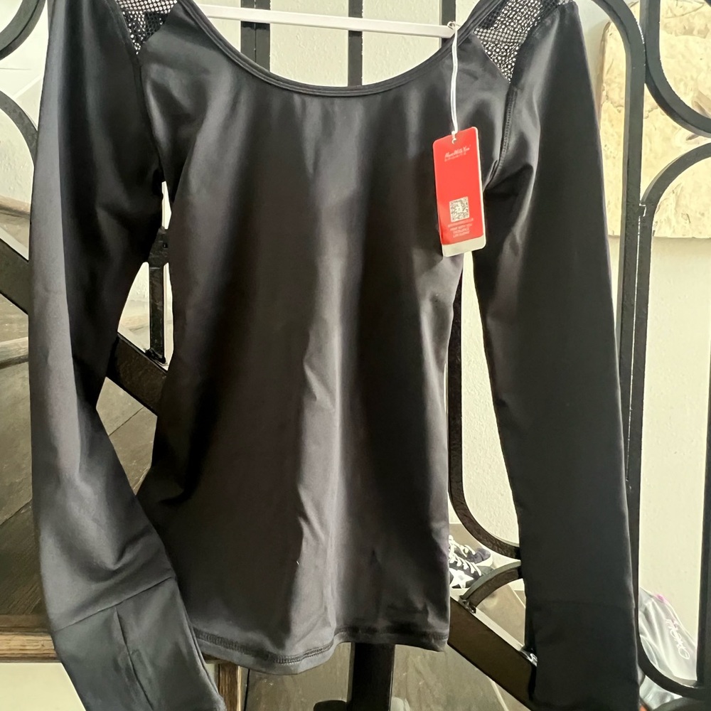 Black Long Yoga Top with Built in Bra - Mesh and Crossover Back Size L